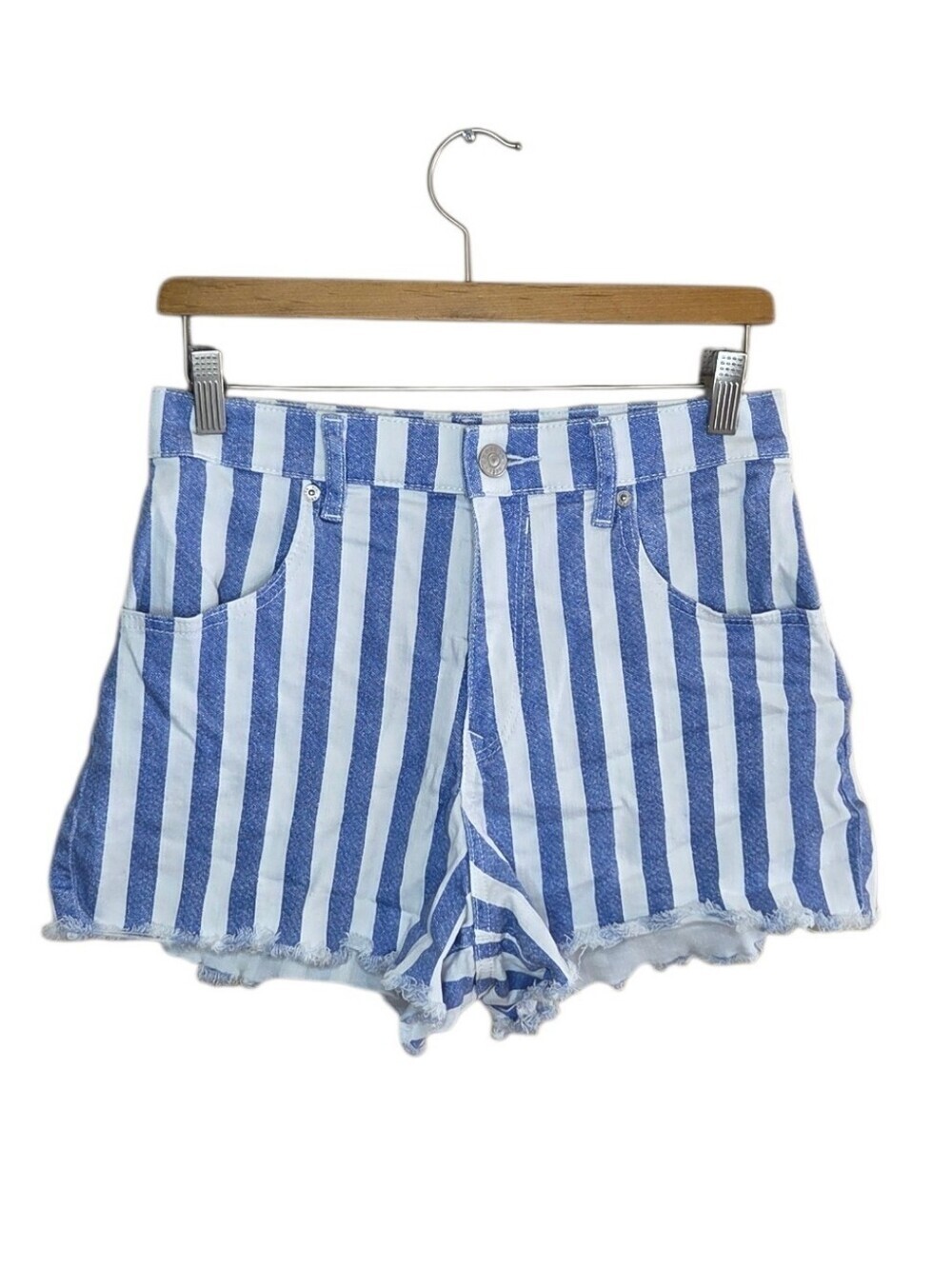 Express Blue White Striped Mom Shortie Shorts Extra High Rise Frayed Hem Size 8